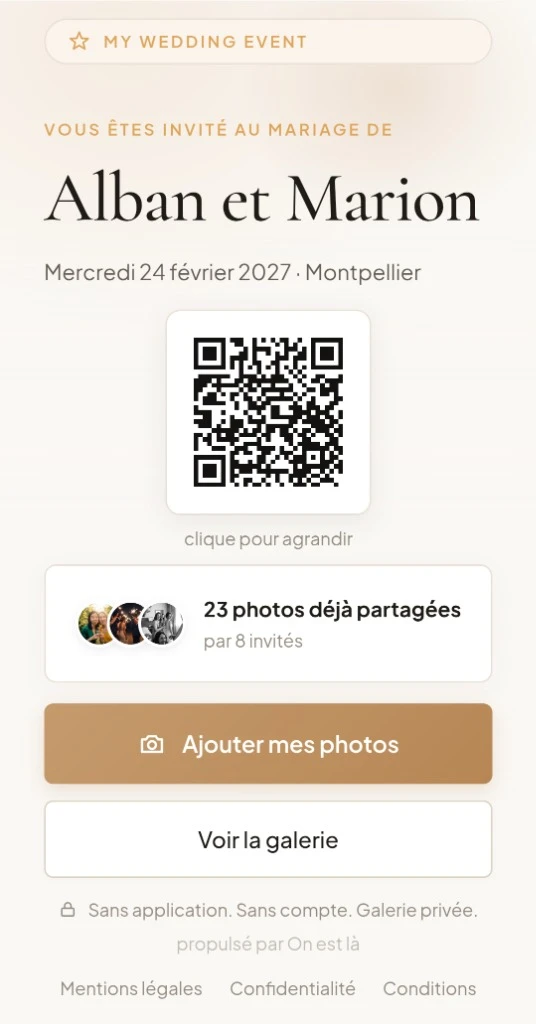 L’écran d’arrivée sur le téléphone d’un invité : My Wedding Event, Alban et Marion, le QR code à faire circuler, le compteur de photos déjà partagées et le bouton d’envoi.